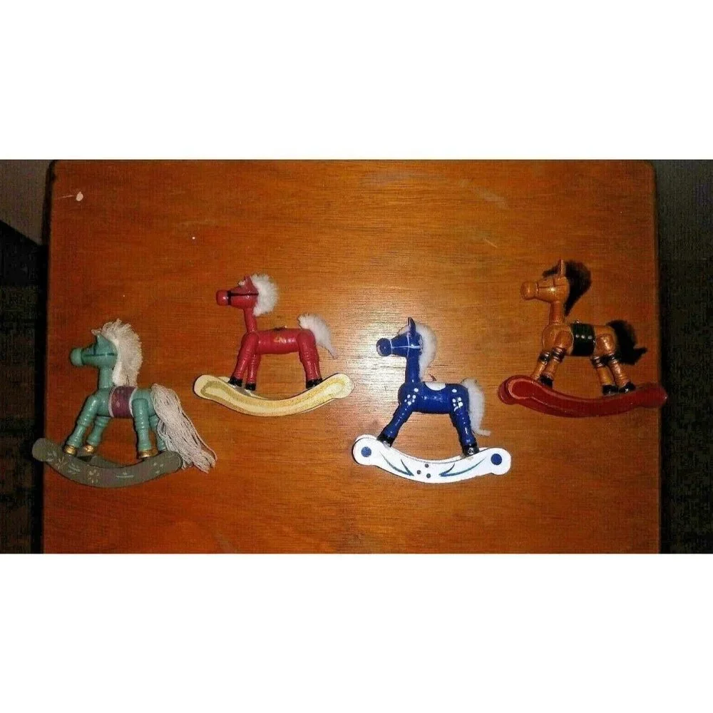 Vintage Wooden Rocking Horses Handcrafted Miniature w/ Yarn Mane Set of 4 RARE
